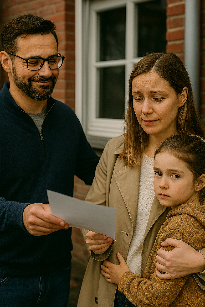 Lächelnder Vater übereicht einer Frau ein Dokument, Die Frau hält ein Kin