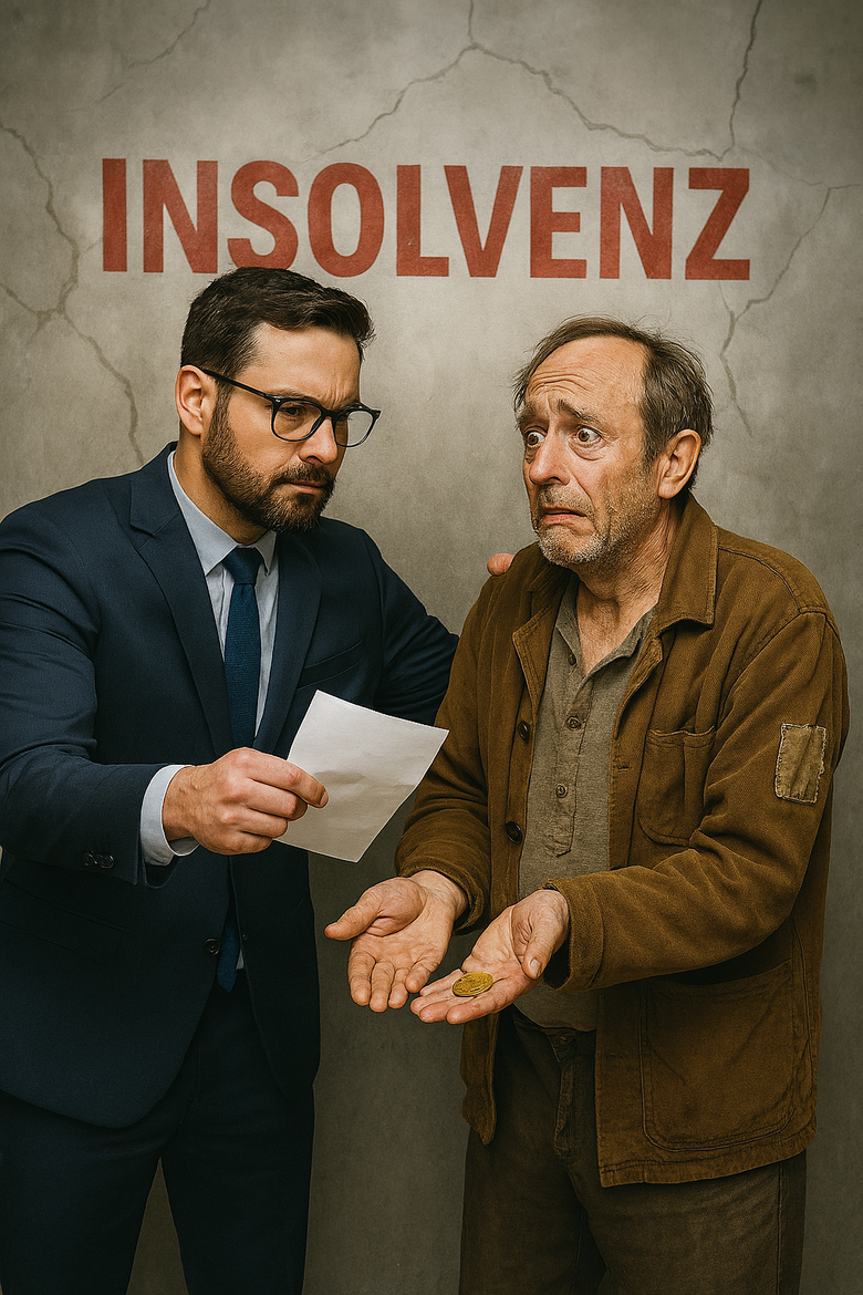Anwalt mit Geschäftsführer im Hintergrund steht Insolvenz in Rot